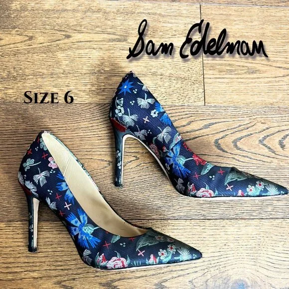 Sam Edelman Blue Floral Jacquard Heel Pumps | Size 6 Dress Shoes - Picture 1 of 8